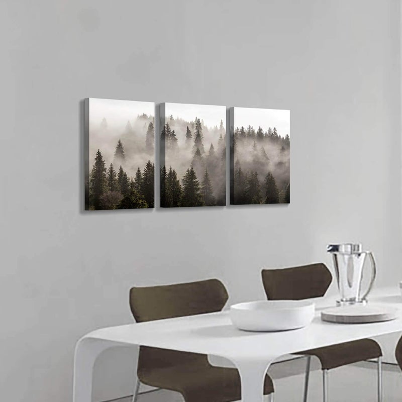 Hardy Gallery Foggy Forest Picture Wall Art: Landscape Painting Misty Pine Trees Artwork Print on Canvas for Kids Rooms(16"x12"x3pcs) - Image 3